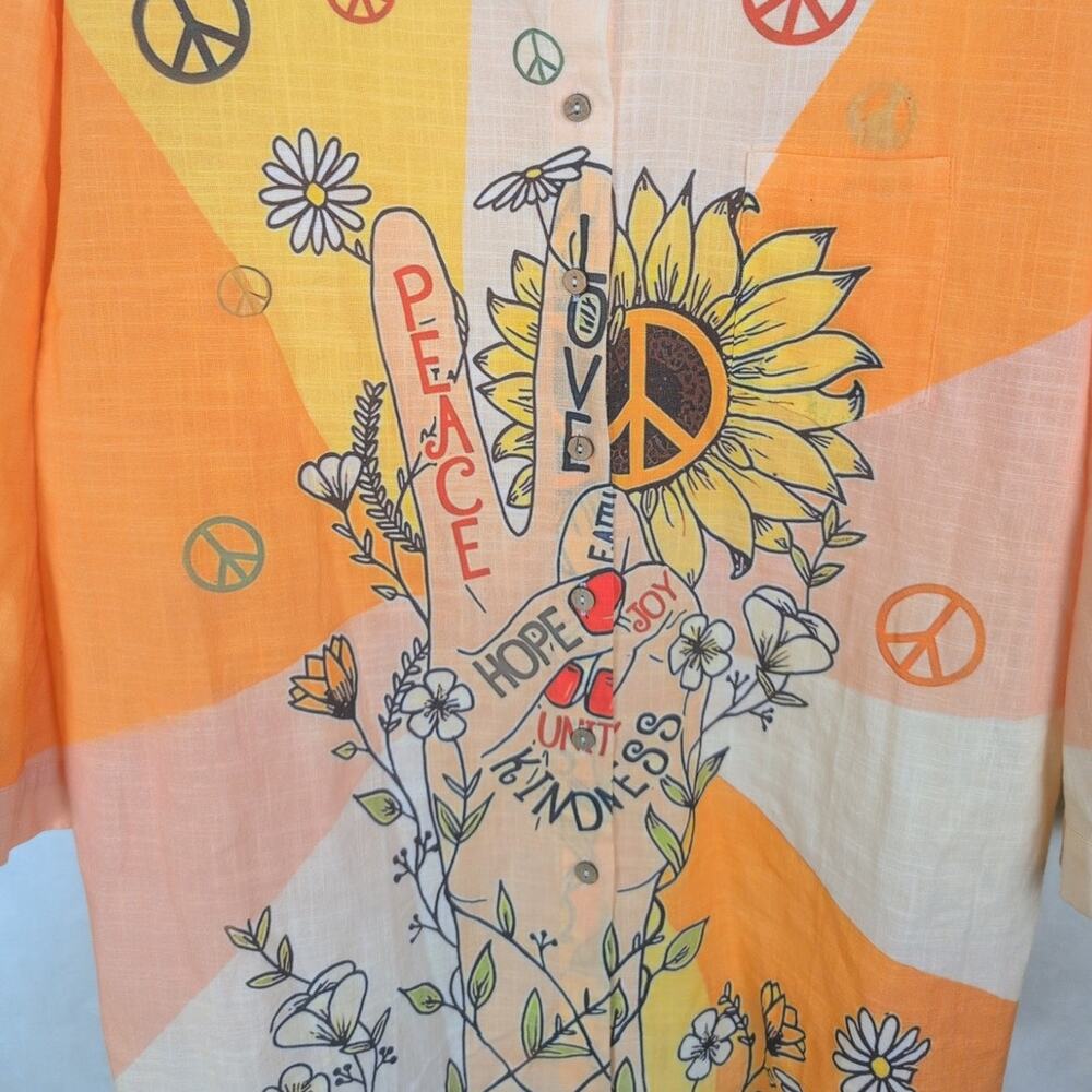 Avery & Maren Peace Sign linen orange button up shirt Size XL Boho Hippie Retro - Picture 3 of 5